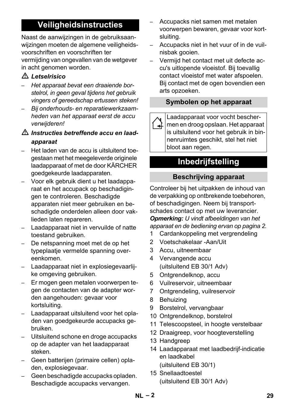 Veiligheidsinstructies, Inbedrijfstelling | Karcher EB 30-1 Li-Ion User Manual | Page 29 / 180