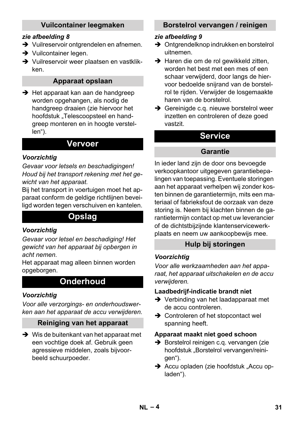 Vervoer opslag onderhoud, Service | Karcher EB 30-1 Li-Ion User Manual | Page 31 / 180