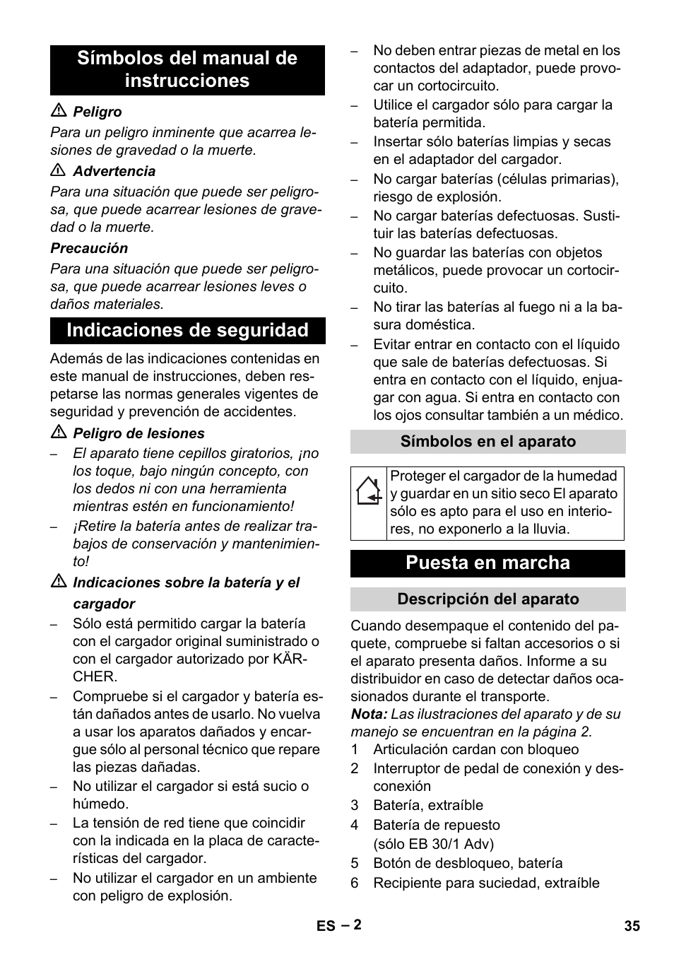 Puesta en marcha | Karcher EB 30-1 Li-Ion User Manual | Page 35 / 180