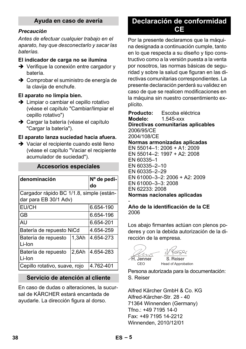 Declaración de conformidad ce | Karcher EB 30-1 Li-Ion User Manual | Page 38 / 180