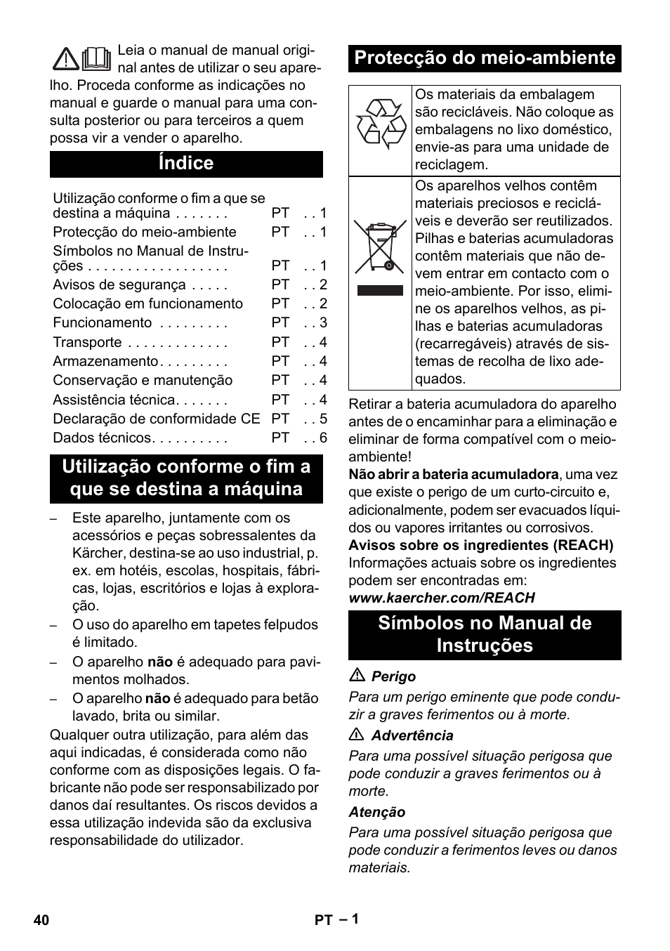 Português, Índice, Símbolos no manual de instruções | Karcher EB 30-1 Li-Ion User Manual | Page 40 / 180