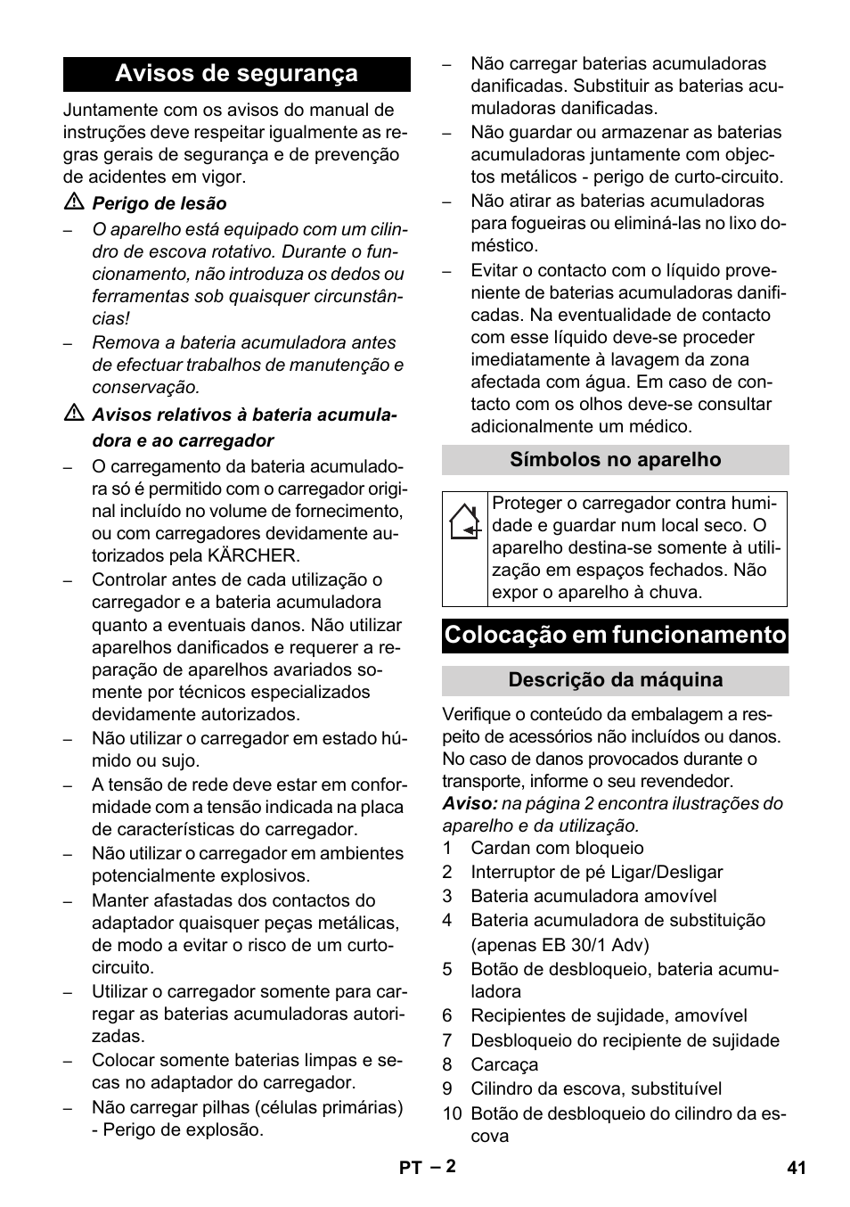 Avisos de segurança, Colocação em funcionamento | Karcher EB 30-1 Li-Ion User Manual | Page 41 / 180