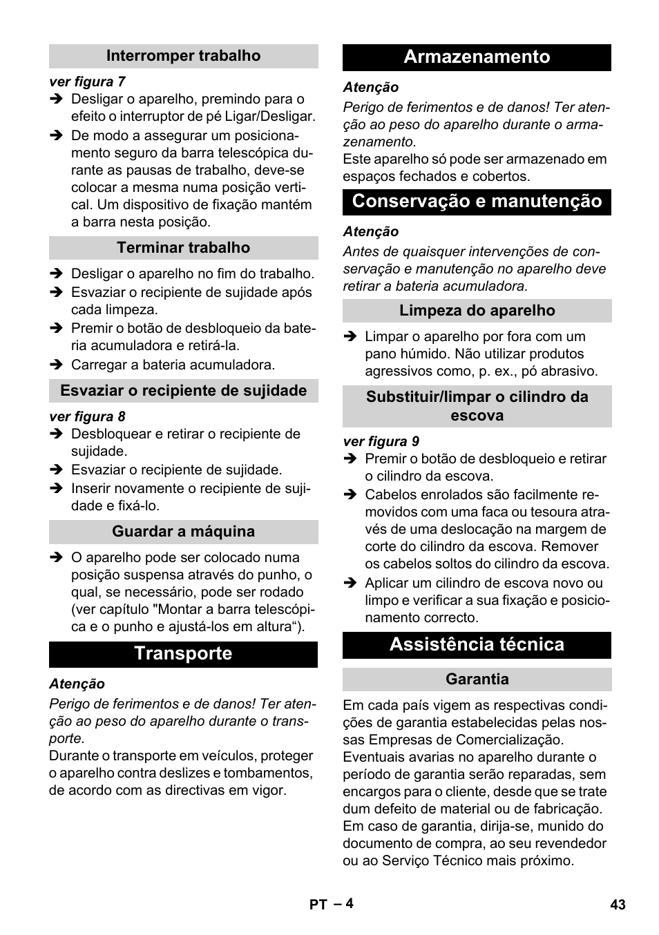 Transporte armazenamento conservação e manutenção, Assistência técnica | Karcher EB 30-1 Li-Ion User Manual | Page 43 / 180