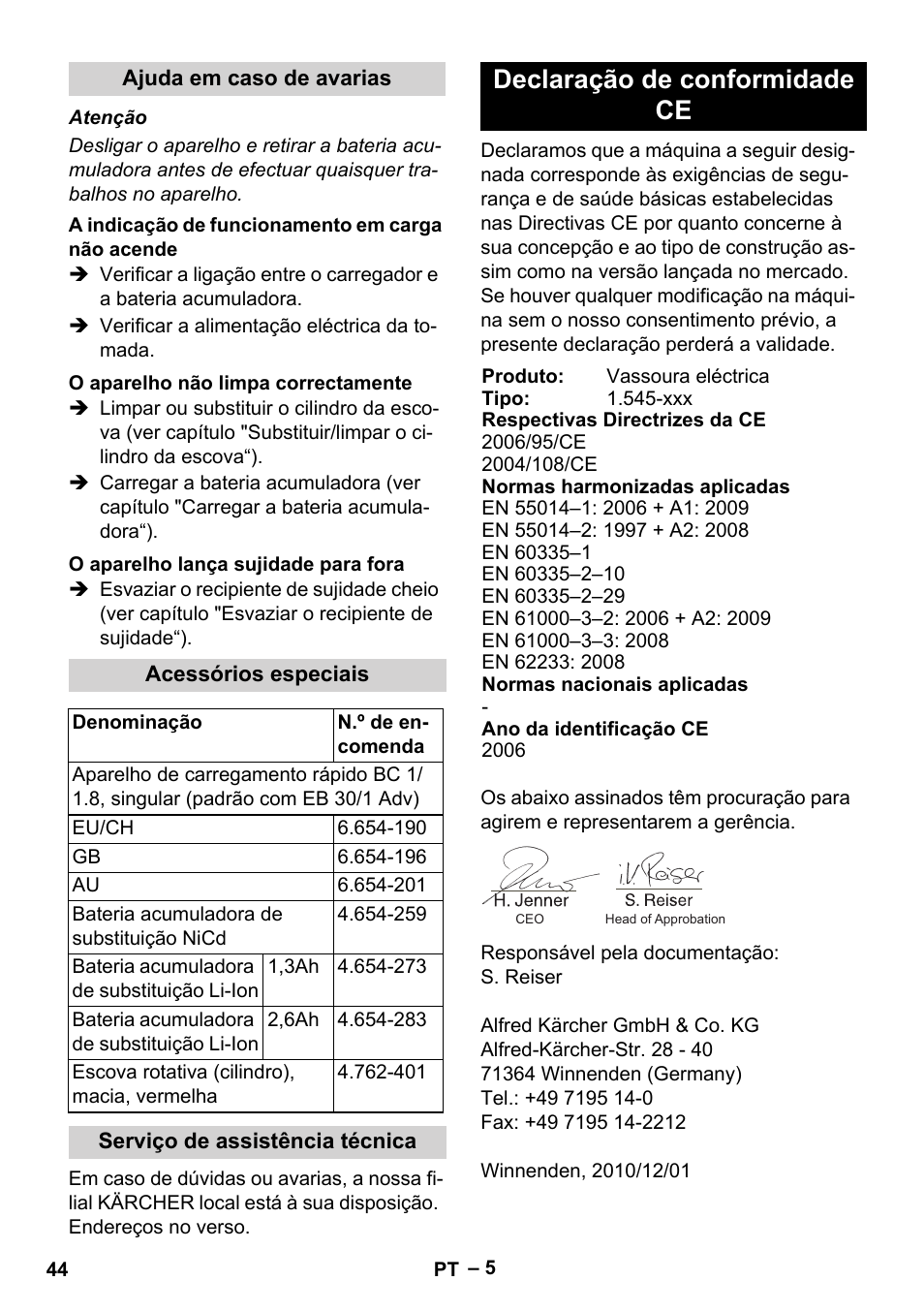 Declaração de conformidade ce | Karcher EB 30-1 Li-Ion User Manual | Page 44 / 180