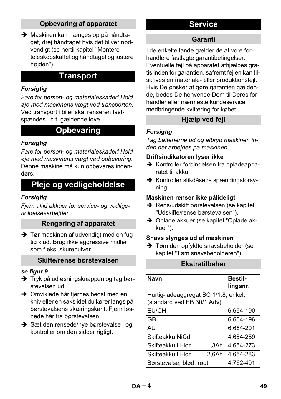 Transport opbevaring pleje og vedligeholdelse, Service | Karcher EB 30-1 Li-Ion User Manual | Page 49 / 180