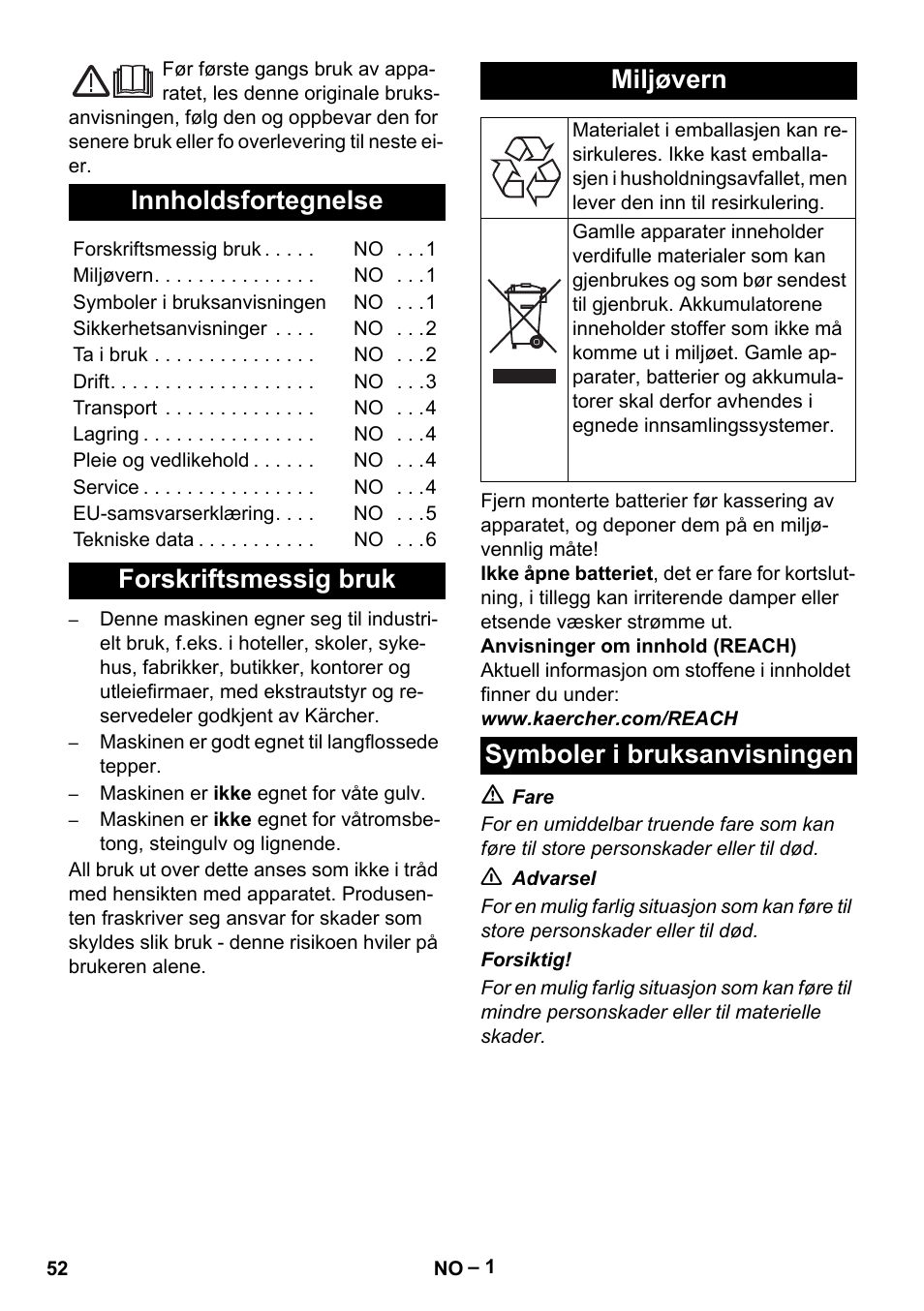 Norsk, Innholdsfortegnelse, Forskriftsmessig bruk miljøvern | Symboler i bruksanvisningen | Karcher EB 30-1 Li-Ion User Manual | Page 52 / 180