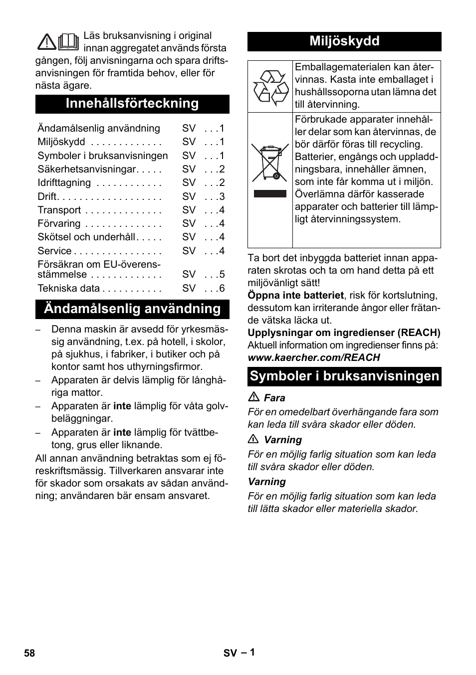 Svenska, Innehållsförteckning, Ändamålsenlig användning miljöskydd | Symboler i bruksanvisningen | Karcher EB 30-1 Li-Ion User Manual | Page 58 / 180