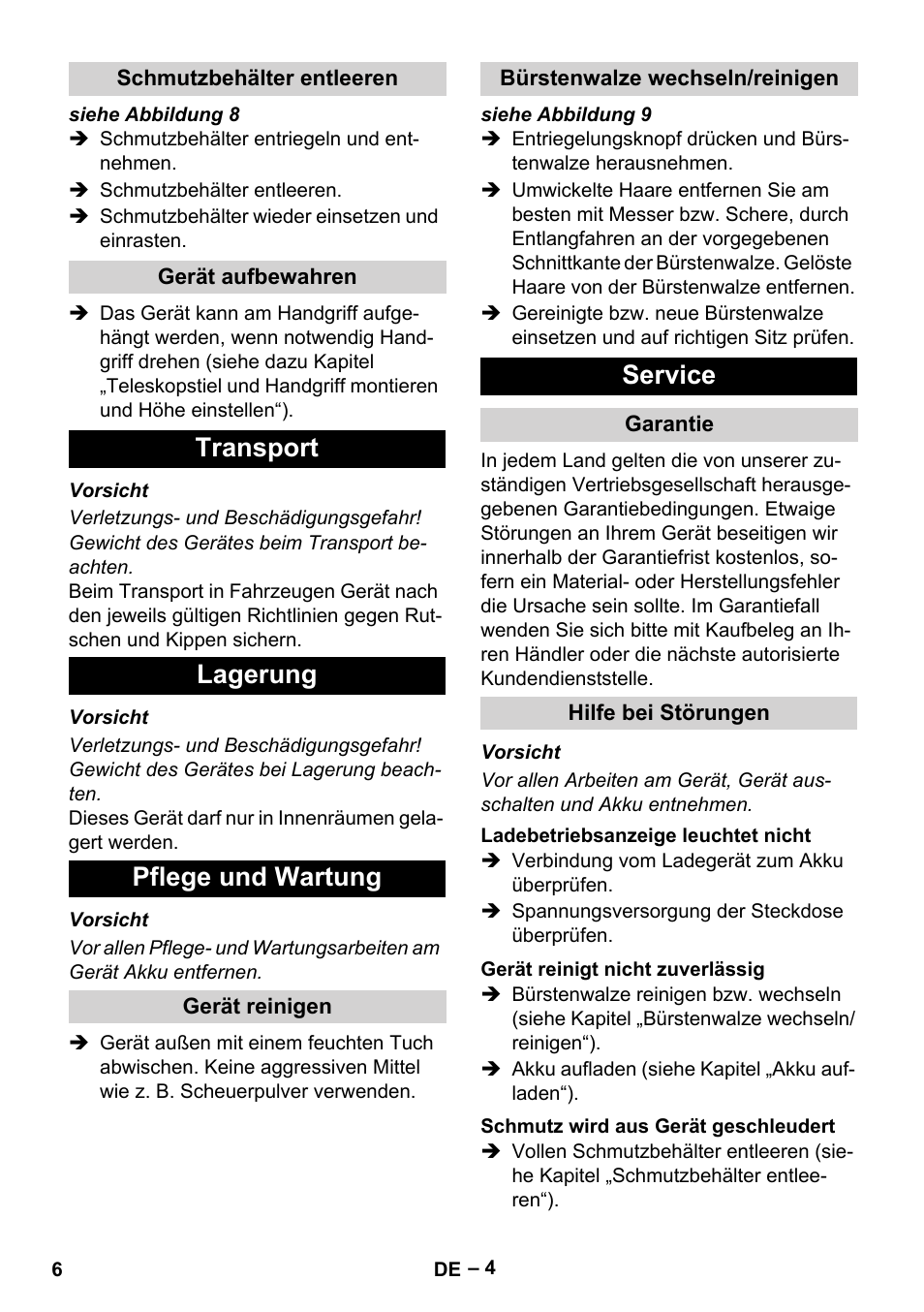 Transport lagerung pflege und wartung, Service | Karcher EB 30-1 Li-Ion User Manual | Page 6 / 180