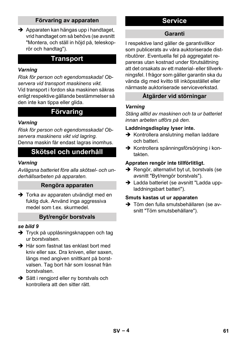 Transport förvaring skötsel och underhåll, Service | Karcher EB 30-1 Li-Ion User Manual | Page 61 / 180