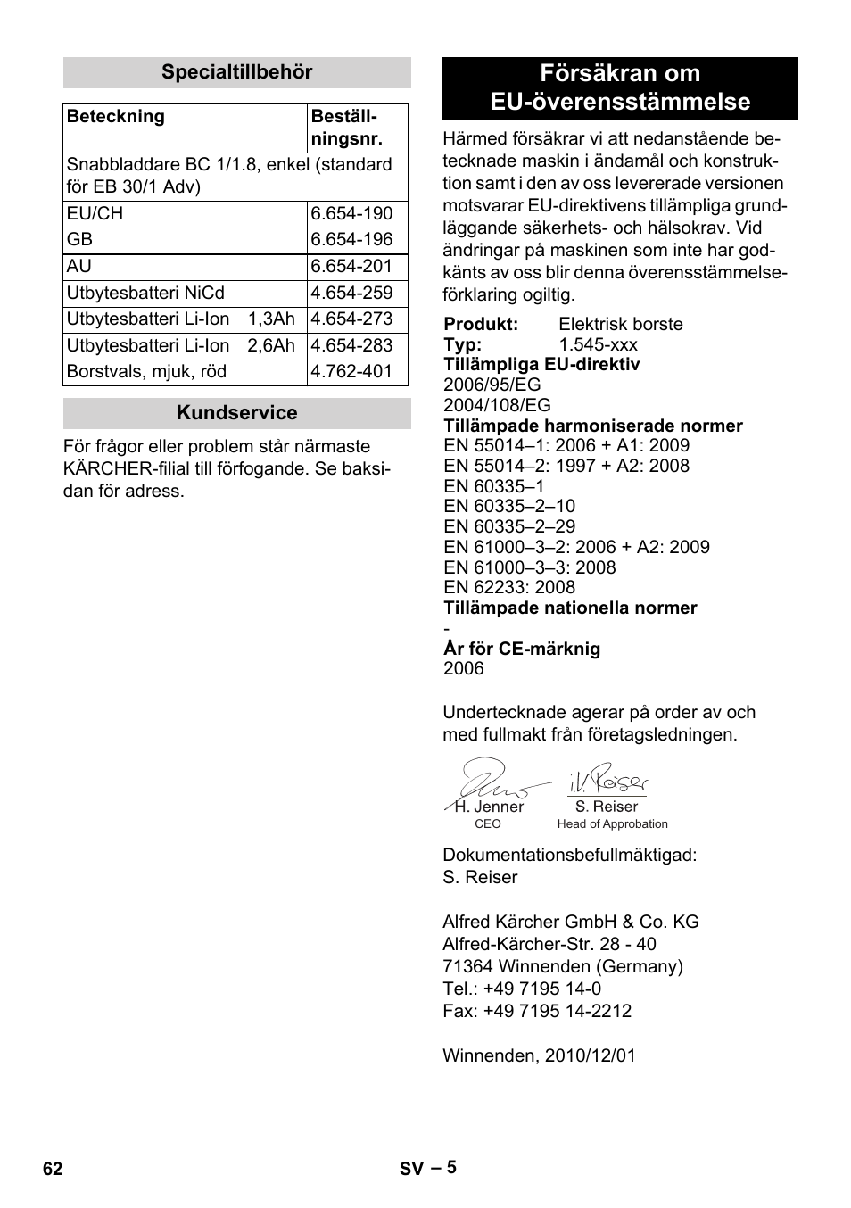 Försäkran om eu-överensstämmelse | Karcher EB 30-1 Li-Ion User Manual | Page 62 / 180