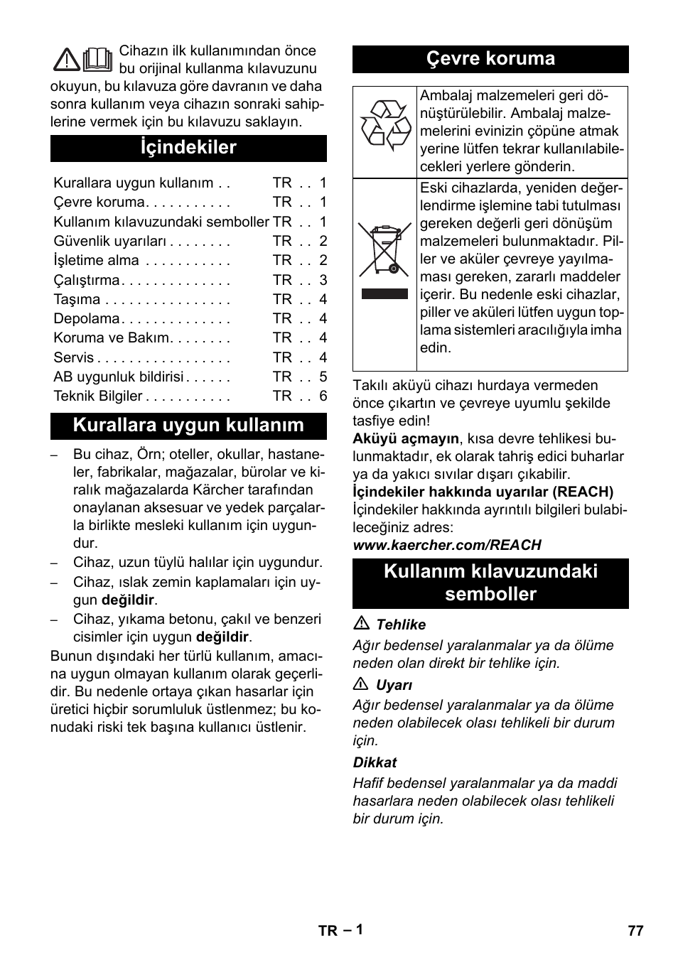 Türkçe, Içindekiler, Kurallara uygun kullanım çevre koruma | Kullanım kılavuzundaki semboller | Karcher EB 30-1 Li-Ion User Manual | Page 77 / 180