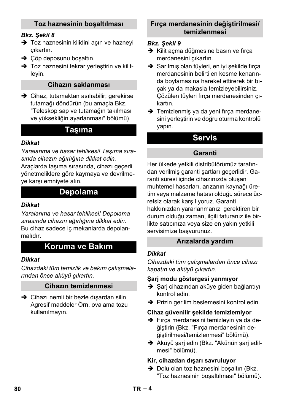 Taşıma depolama koruma ve bakım, Servis | Karcher EB 30-1 Li-Ion User Manual | Page 80 / 180