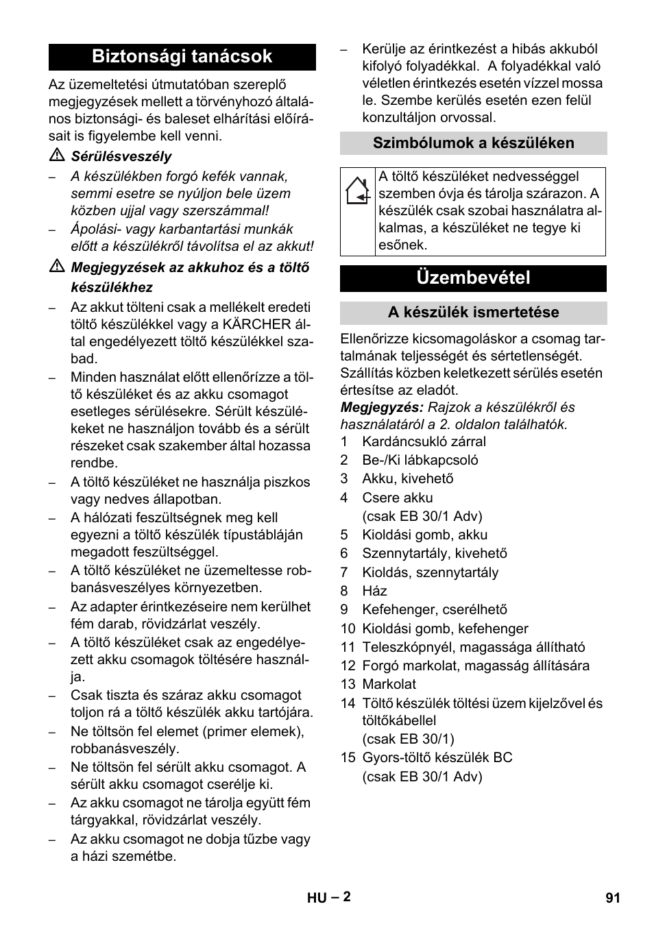 Biztonsági tanácsok, Üzembevétel | Karcher EB 30-1 Li-Ion User Manual | Page 91 / 180