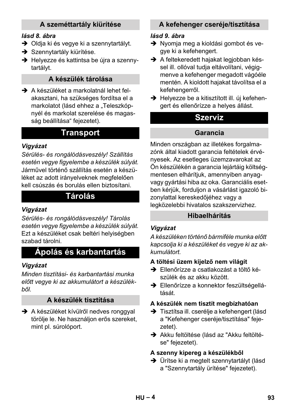 Transport tárolás ápolás és karbantartás, Szerviz | Karcher EB 30-1 Li-Ion User Manual | Page 93 / 180