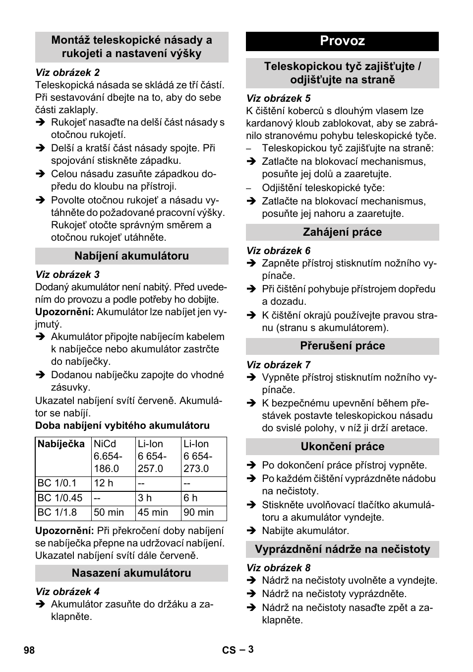 Provoz | Karcher EB 30-1 Li-Ion User Manual | Page 98 / 180