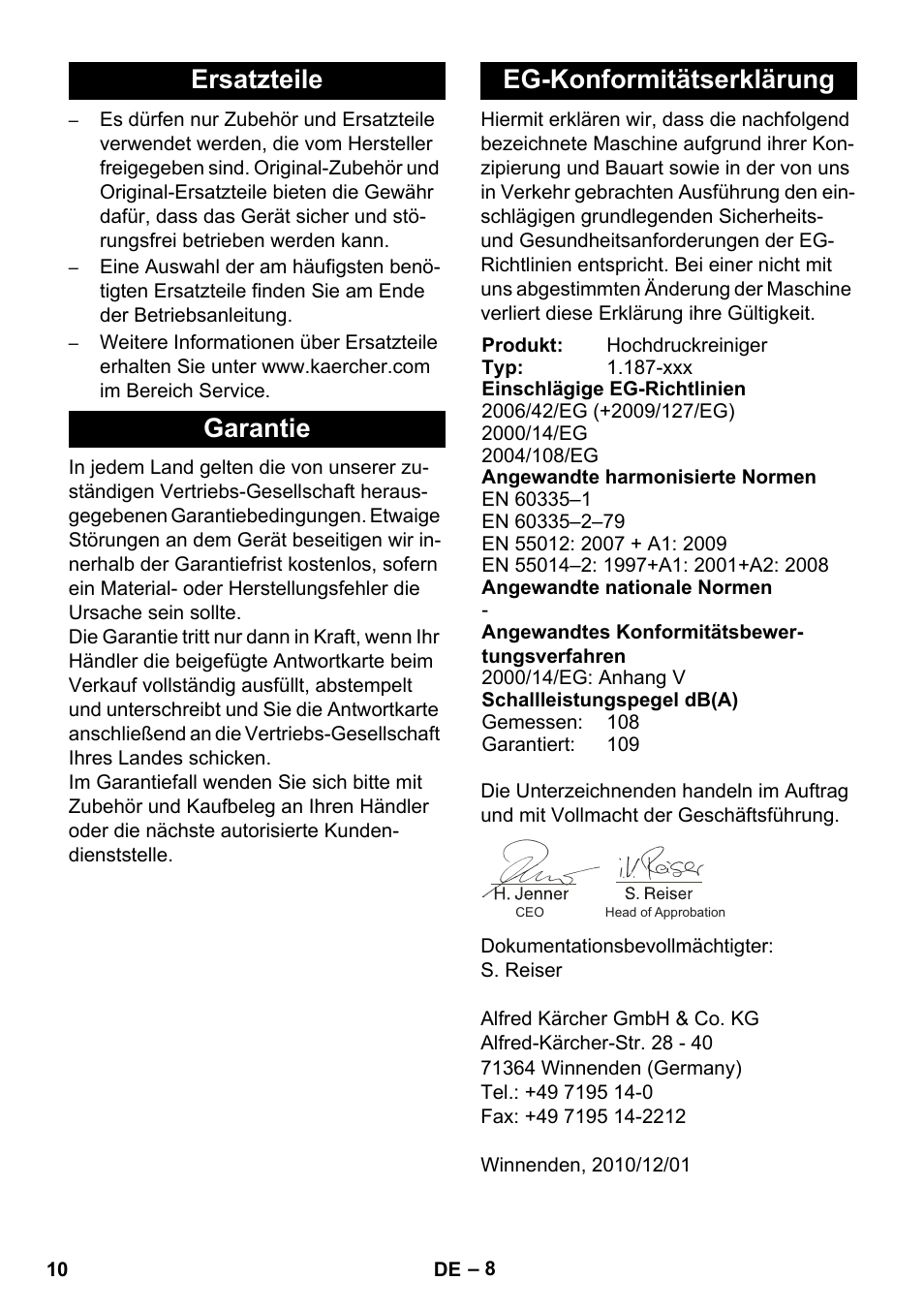 Ersatzteile garantie eg-konformitätserklärung | Karcher HD 830 BS User Manual | Page 10 / 220