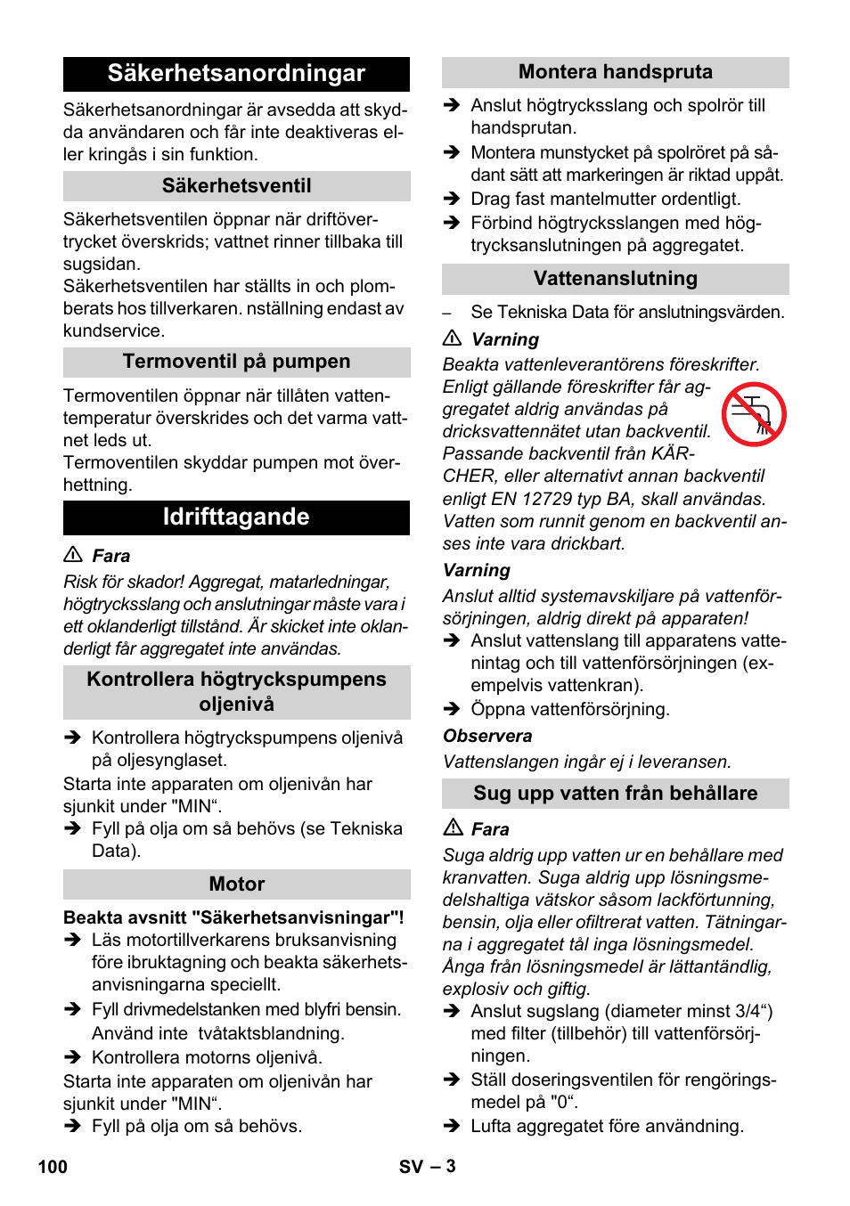 Säkerhetsanordningar, Idrifttagande | Karcher HD 830 BS User Manual | Page 100 / 220