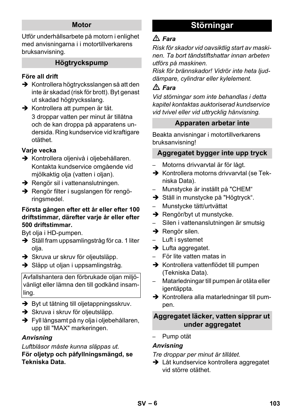 Störningar | Karcher HD 830 BS User Manual | Page 103 / 220