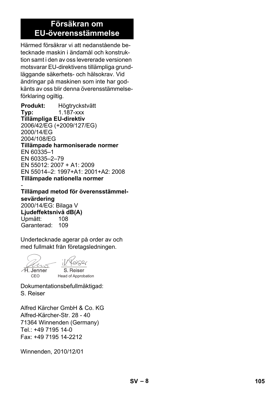 Försäkran om eu-överensstämmelse | Karcher HD 830 BS User Manual | Page 105 / 220