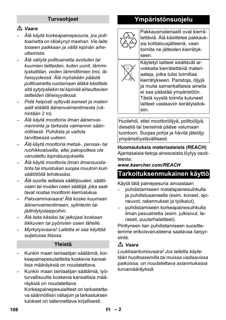 Ympäristönsuojelu, Tarkoituksenmukainen käyttö | Karcher HD 830 BS User Manual | Page 108 / 220