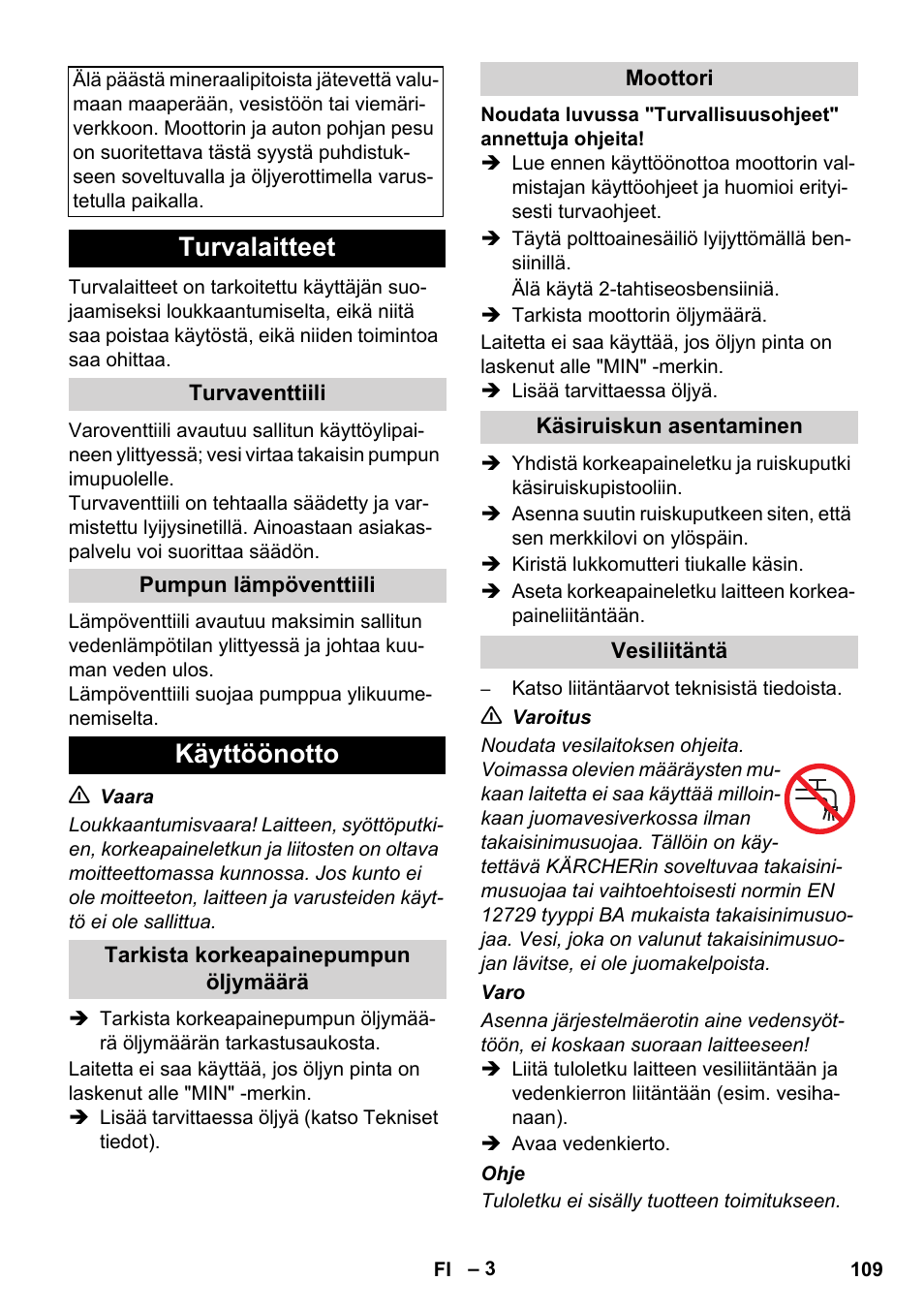 Turvalaitteet, Käyttöönotto | Karcher HD 830 BS User Manual | Page 109 / 220