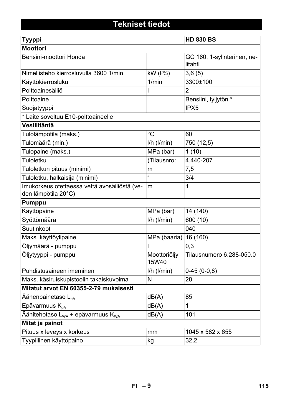 Tekniset tiedot | Karcher HD 830 BS User Manual | Page 115 / 220