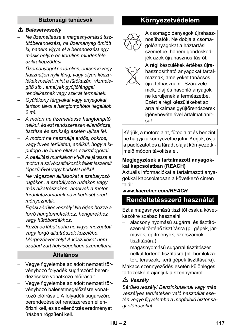 Környezetvédelem, Rendeltetésszerű használat | Karcher HD 830 BS User Manual | Page 117 / 220