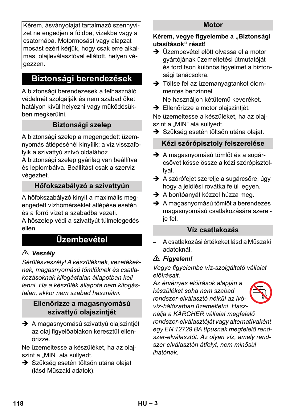 Biztonsági berendezések, Üzembevétel | Karcher HD 830 BS User Manual | Page 118 / 220