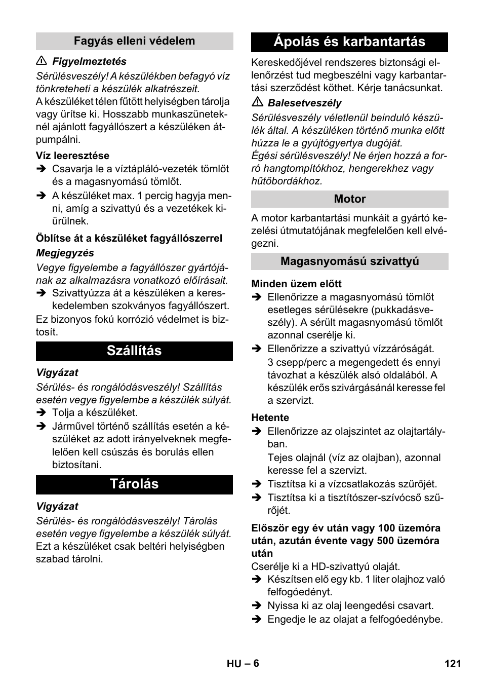 Szállítás tárolás ápolás és karbantartás | Karcher HD 830 BS User Manual | Page 121 / 220