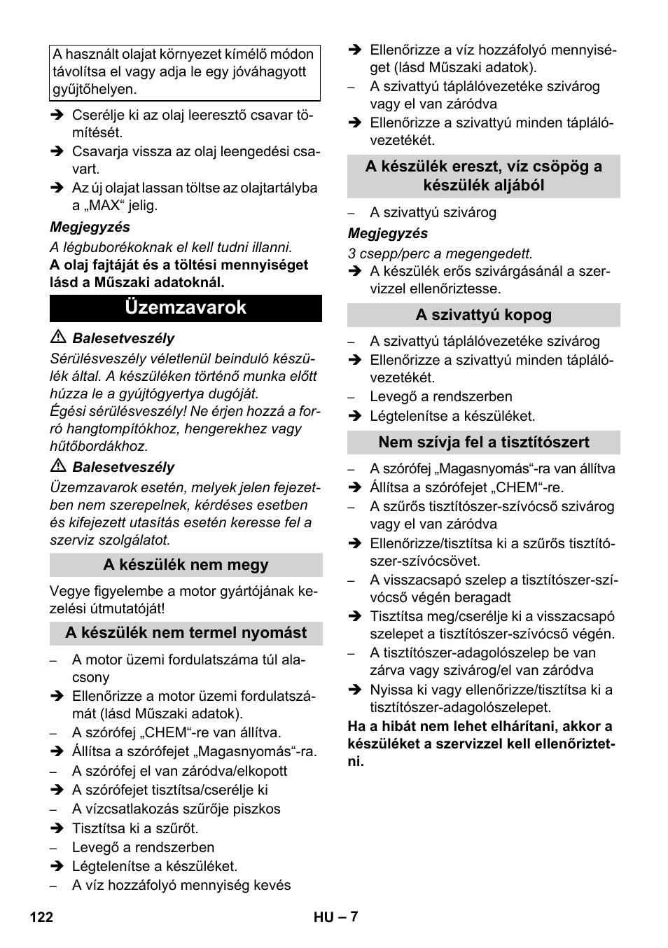 Üzemzavarok | Karcher HD 830 BS User Manual | Page 122 / 220