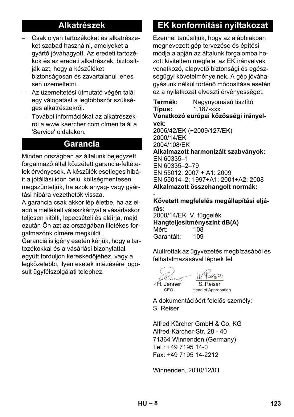 Alkatrészek garancia ek konformitási nyiltakozat | Karcher HD 830 BS User Manual | Page 123 / 220