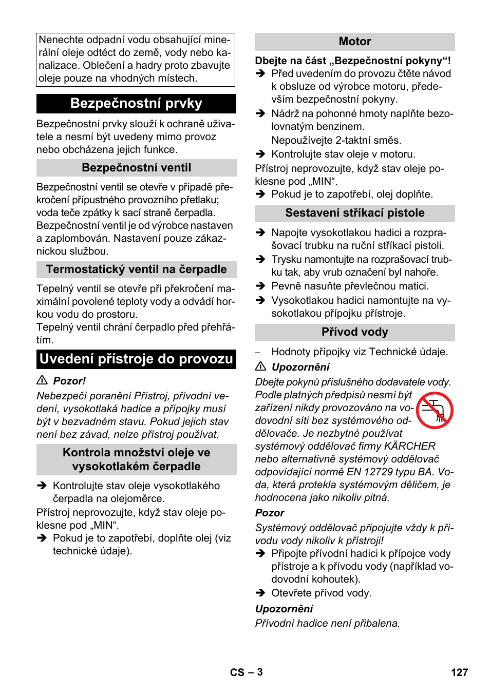 Bezpečnostní prvky, Uvedení přístroje do provozu | Karcher HD 830 BS User Manual | Page 127 / 220