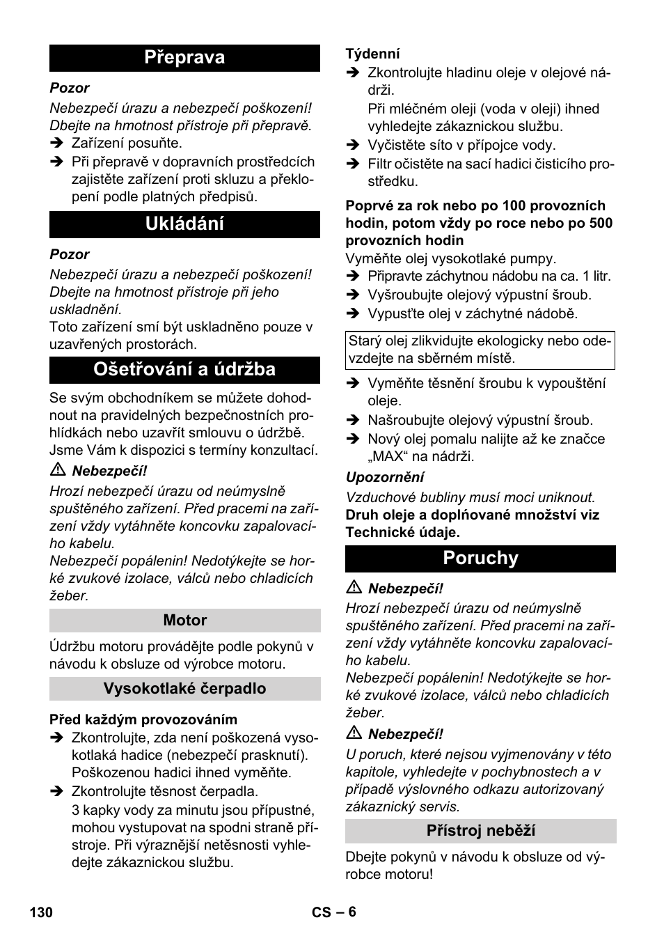 Přeprava ukládání ošetřování a údržba, Poruchy | Karcher HD 830 BS User Manual | Page 130 / 220