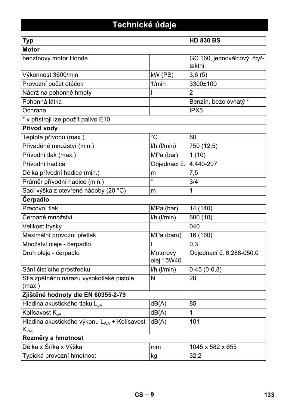 Technické údaje | Karcher HD 830 BS User Manual | Page 133 / 220