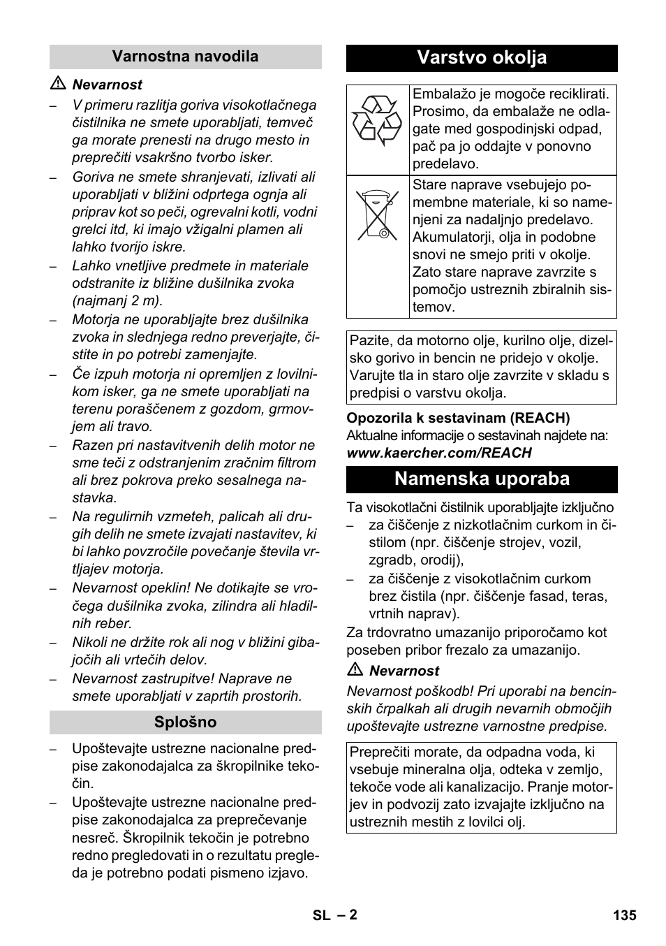 Varstvo okolja, Namenska uporaba | Karcher HD 830 BS User Manual | Page 135 / 220