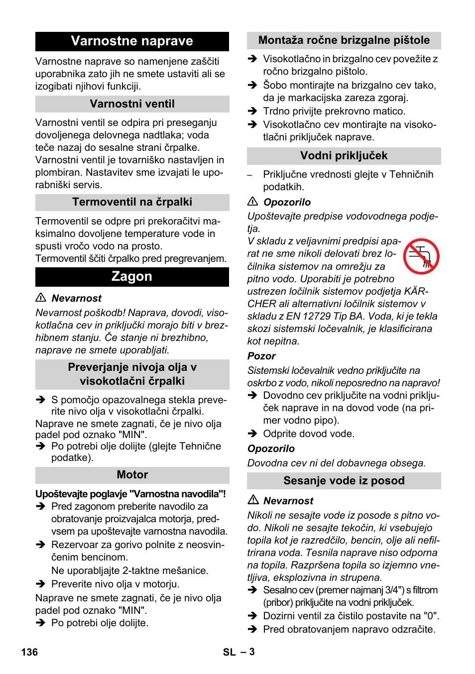 Varnostne naprave, Zagon | Karcher HD 830 BS User Manual | Page 136 / 220