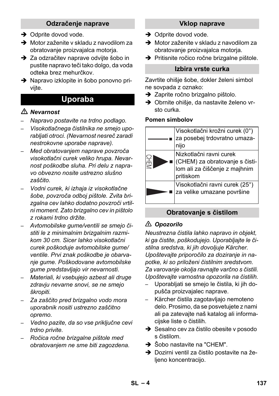 Uporaba | Karcher HD 830 BS User Manual | Page 137 / 220