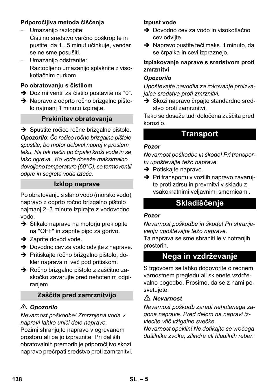 Transport skladiščenje nega in vzdrževanje | Karcher HD 830 BS User Manual | Page 138 / 220