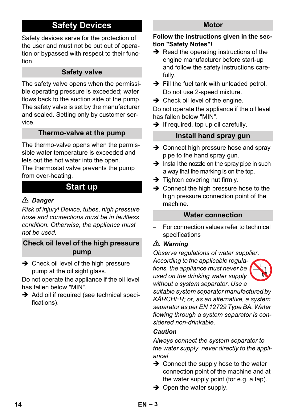 Safety devices, Start up | Karcher HD 830 BS User Manual | Page 14 / 220