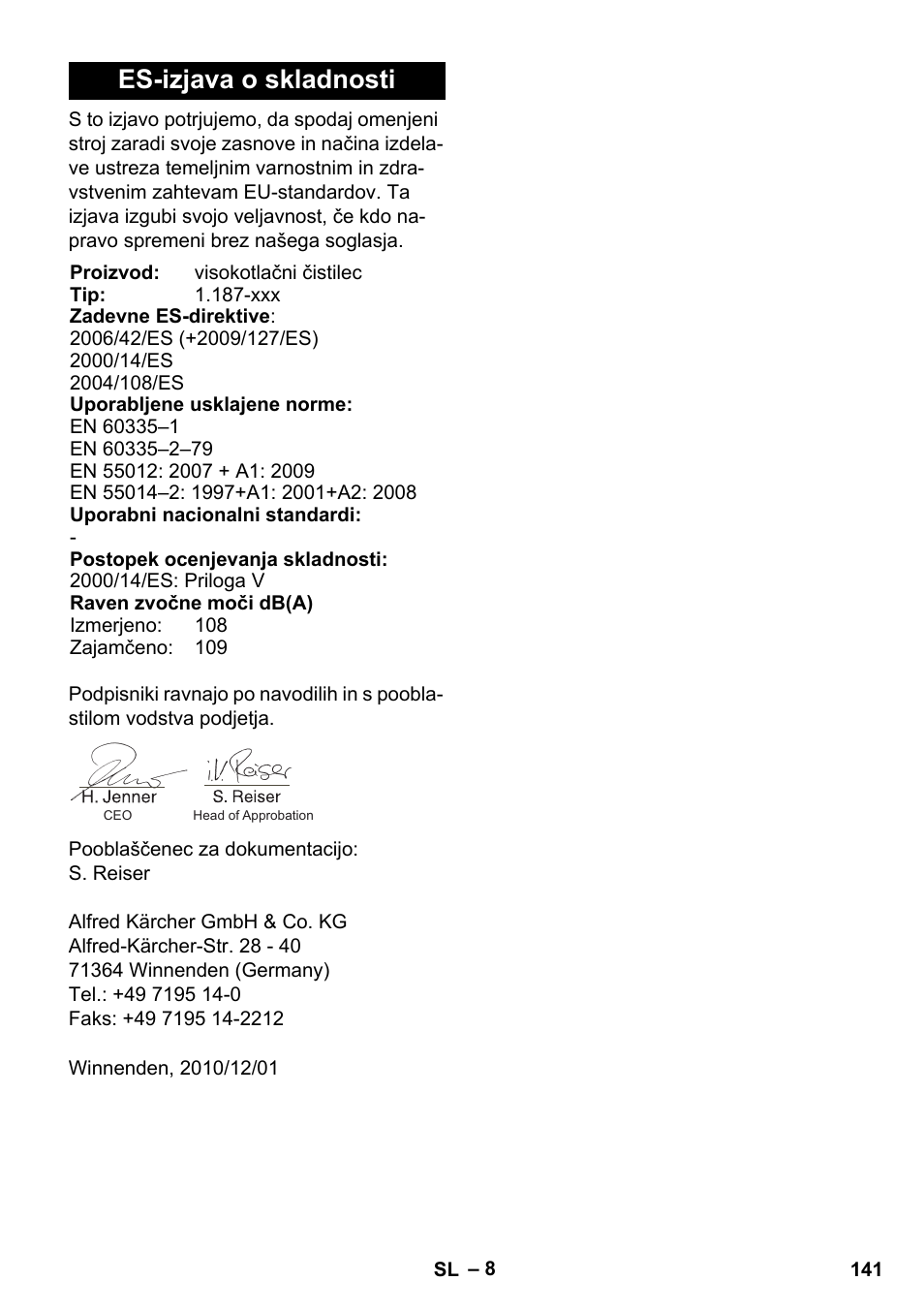 Es-izjava o skladnosti | Karcher HD 830 BS User Manual | Page 141 / 220