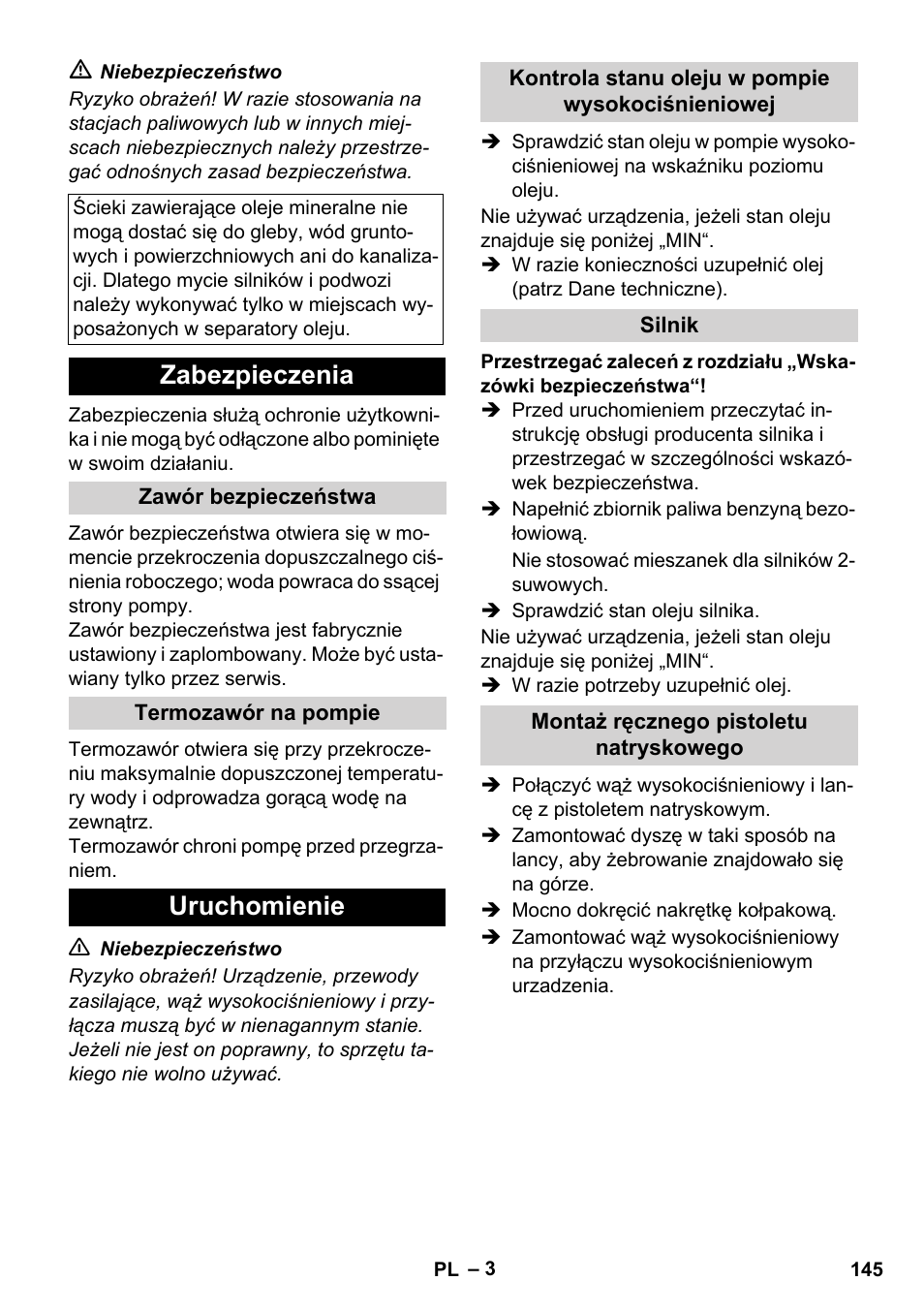 Zabezpieczenia, Uruchomienie | Karcher HD 830 BS User Manual | Page 145 / 220