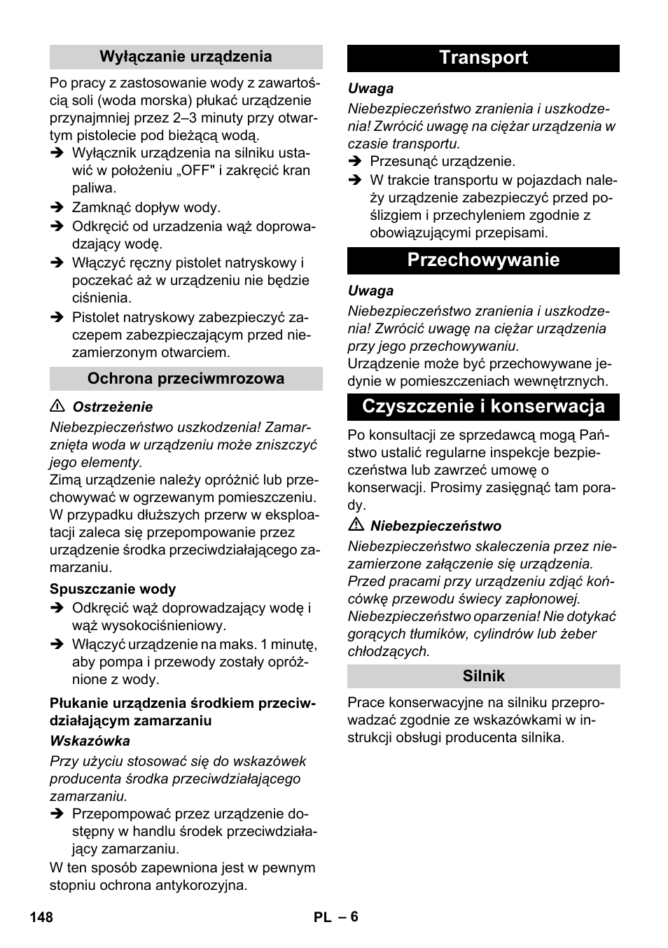 Transport przechowywanie czyszczenie i konserwacja | Karcher HD 830 BS User Manual | Page 148 / 220