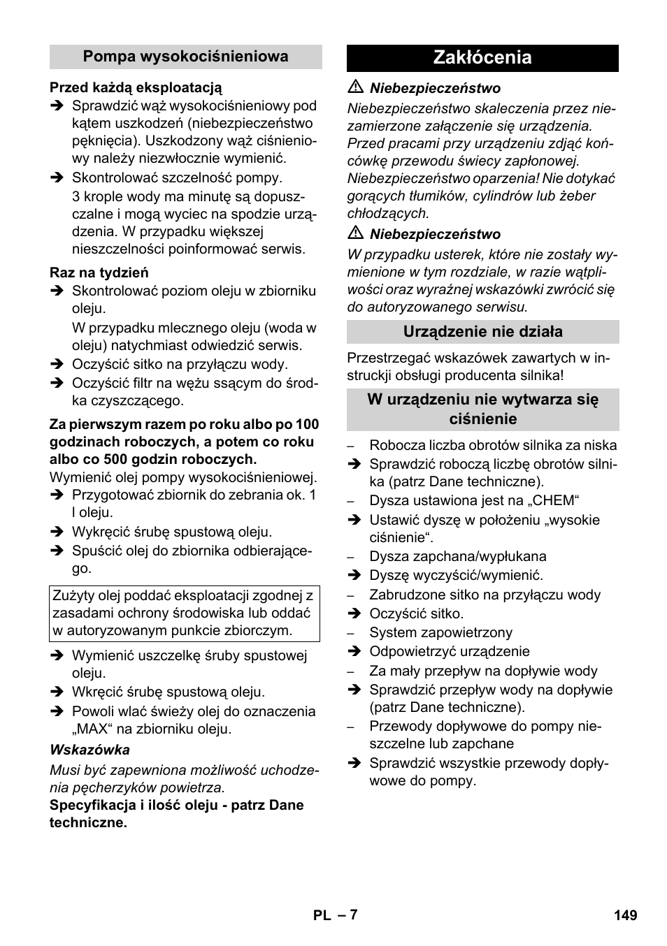 Zakłócenia | Karcher HD 830 BS User Manual | Page 149 / 220