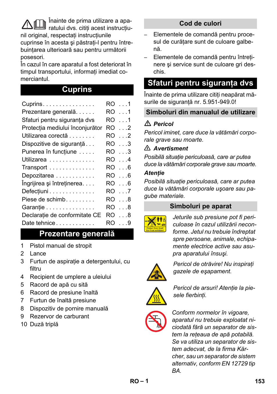 Româneşte, Cuprins, Prezentare generală | Sfaturi pentru siguranţa dvs | Karcher HD 830 BS User Manual | Page 153 / 220