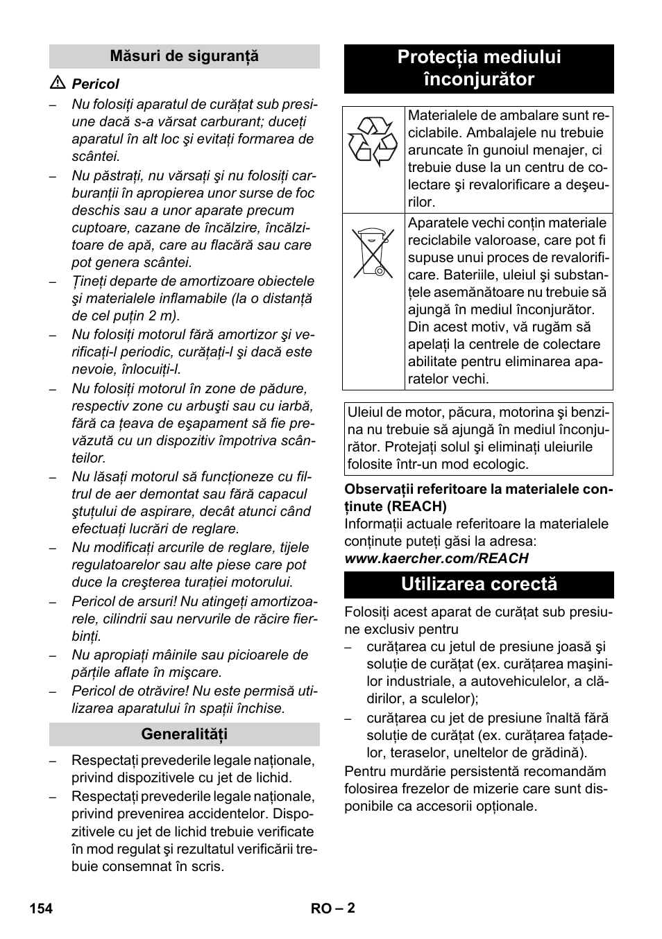 Protecţia mediului înconjurător, Utilizarea corectă | Karcher HD 830 BS User Manual | Page 154 / 220