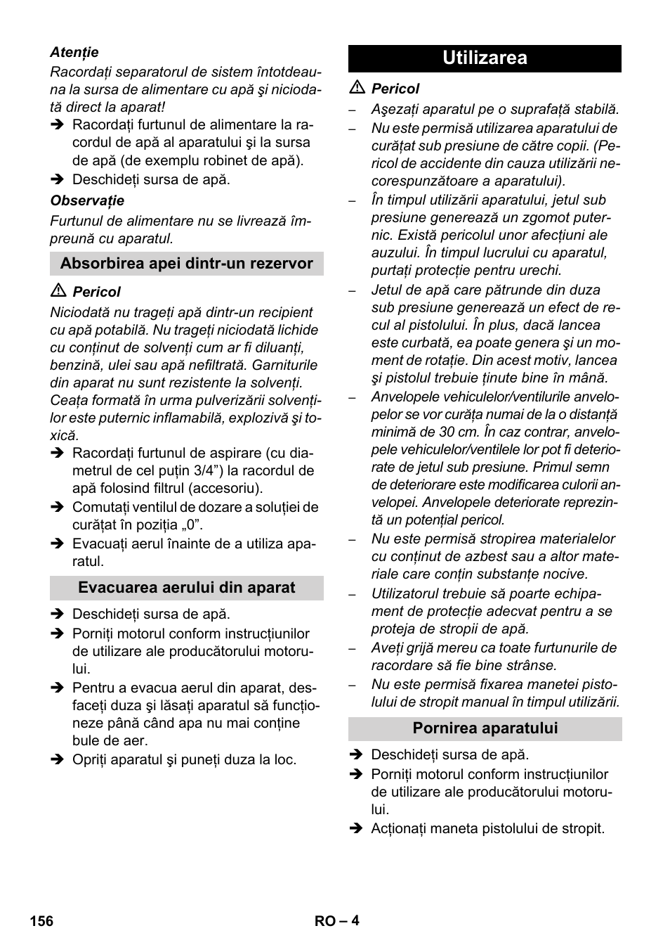 Utilizarea | Karcher HD 830 BS User Manual | Page 156 / 220