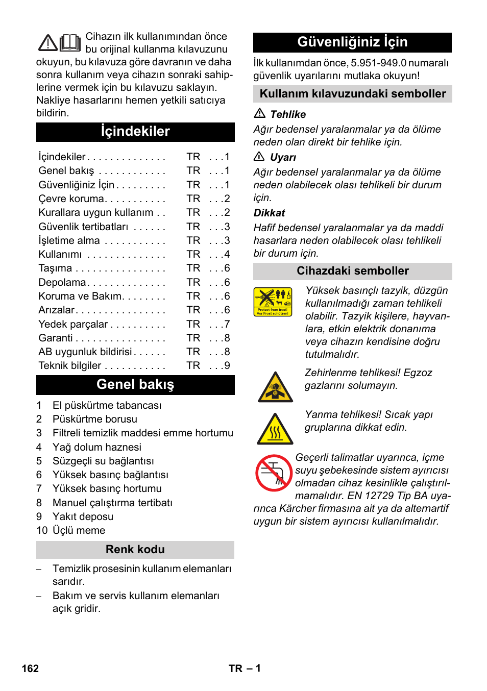 Türkçe, Içindekiler, Genel bakış | Güvenliğiniz için | Karcher HD 830 BS User Manual | Page 162 / 220