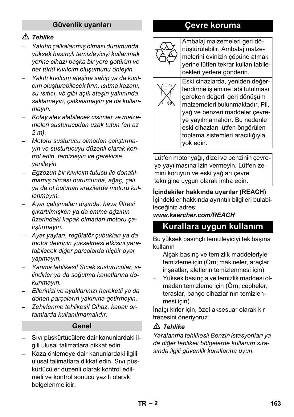 Çevre koruma, Kurallara uygun kullanım | Karcher HD 830 BS User Manual | Page 163 / 220