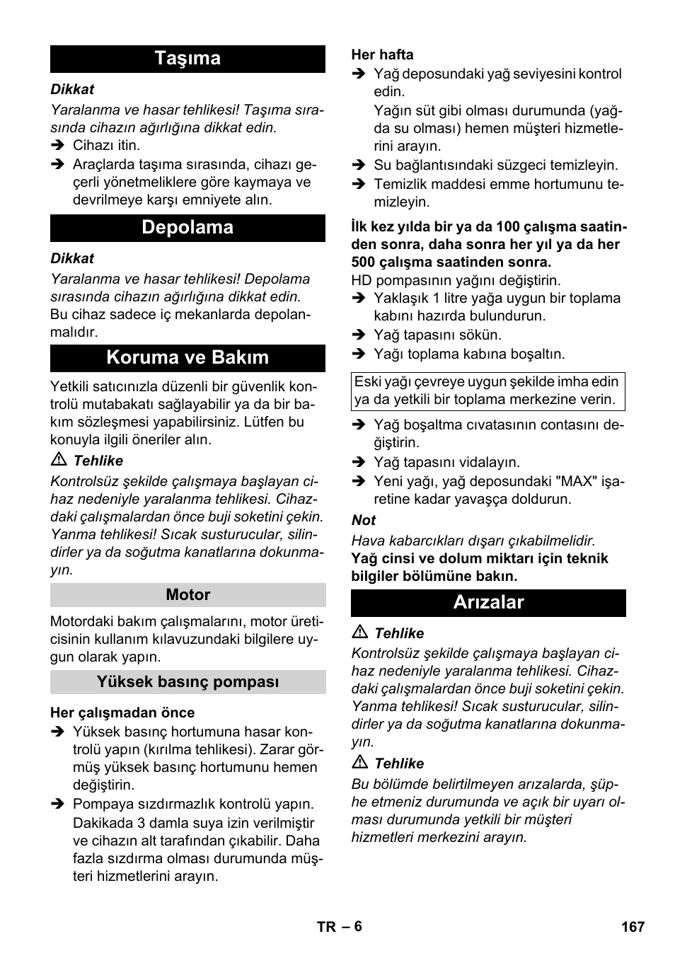 Taşıma depolama koruma ve bakım, Arızalar | Karcher HD 830 BS User Manual | Page 167 / 220