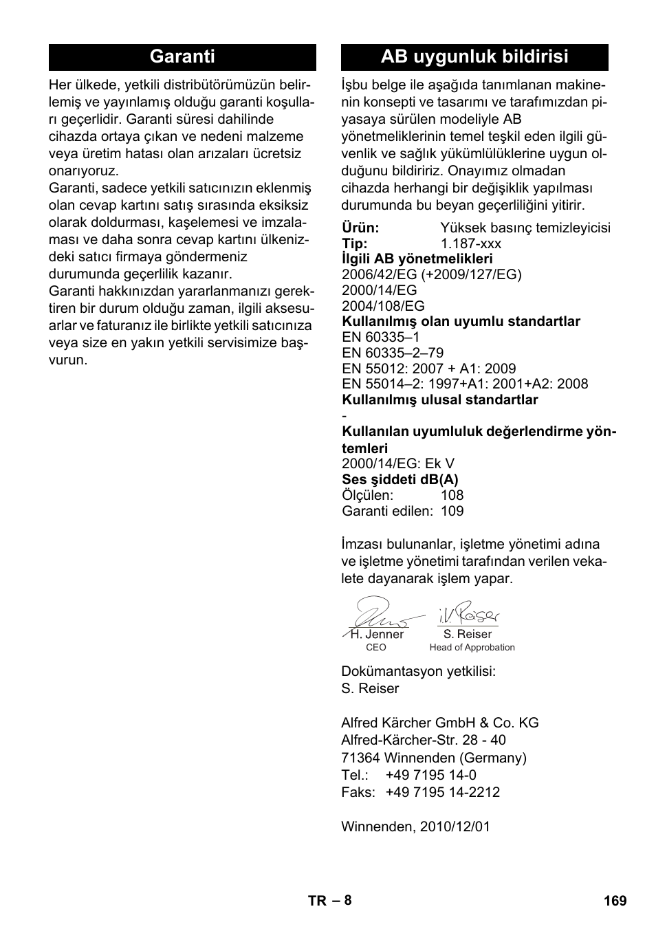 Garanti ab uygunluk bildirisi | Karcher HD 830 BS User Manual | Page 169 / 220